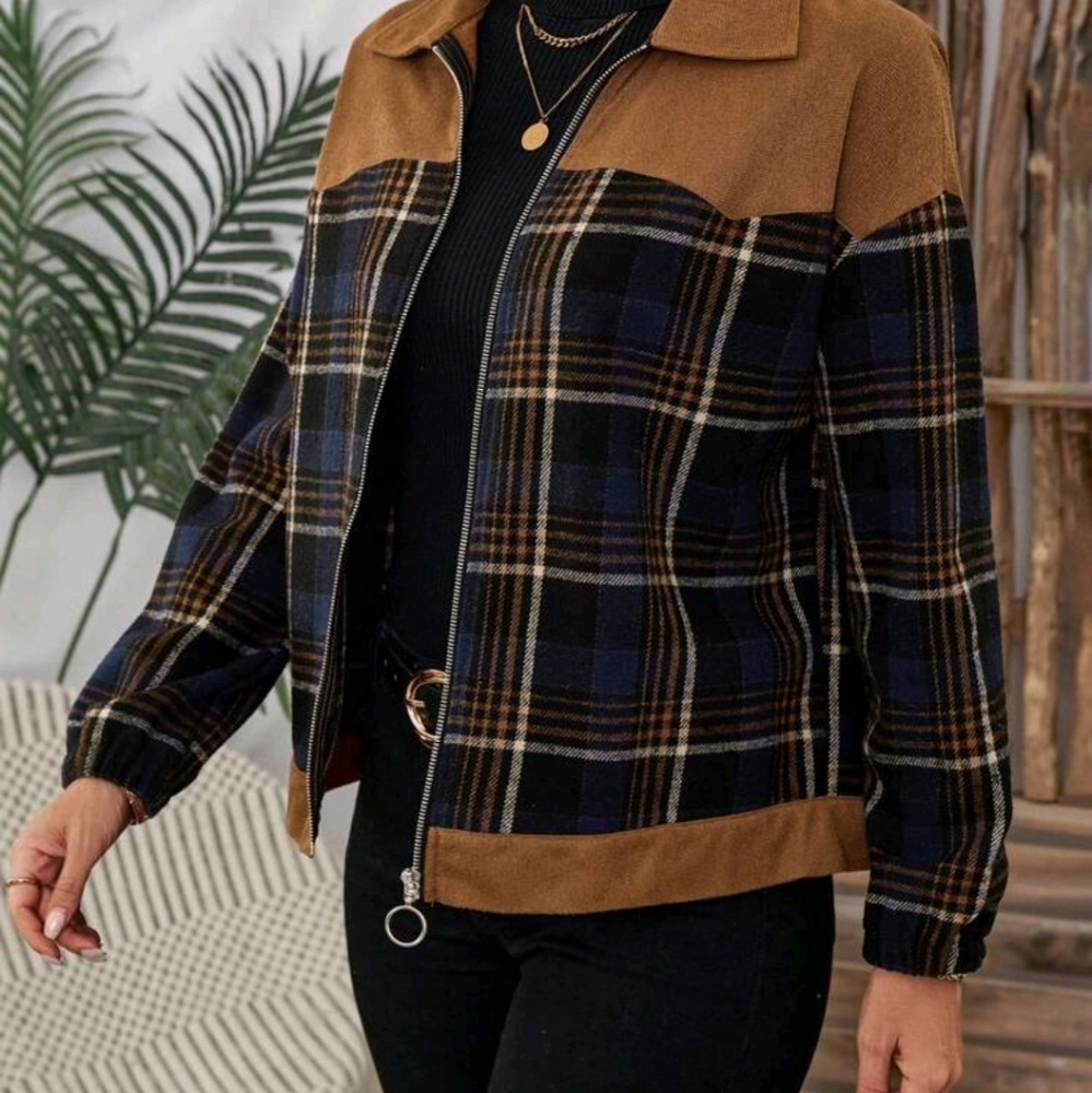 Women's Plaid Long Sleeve Zip Front Casual Jacket, Autumn/Winter - Picture 4 of 6